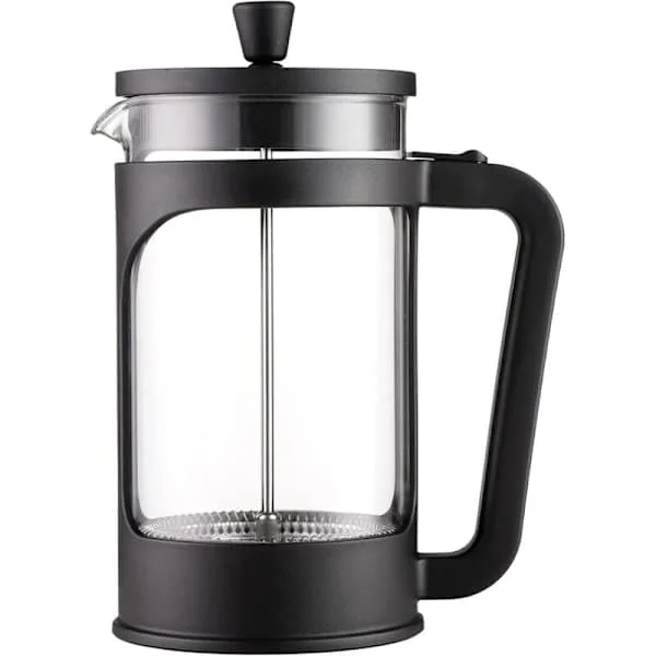 1 liter/34 oz Franskpress kaffe-/tebryggare tillverkad av värmebeständigt borosilikatglas, filter i rostfritt stål och svart lock. CAQQ-83177-1 1 liter/34 oz Franskpress kaffe-/tebryggare tillverkad av värmebeständigt borosilikatglas, filter i rostfritt stål och svart lock. CAQQ-83177-1