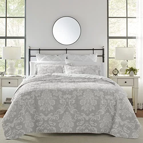Laura Ashley vändbara sängkläder i bomull med matchande örngott, Venetia grå, King Quilt 696723306675