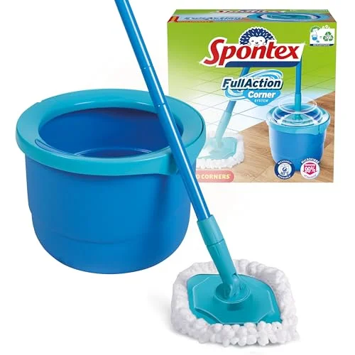 Spontex Full Action Corner Roterande moppsystem och hink även för de smalaste hörnen, 360 enkel vridning/sköljning laminat, trä kakel 1 mikrofiberhuvud 3384120007536
