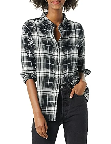 Amazon Essentials Women's Långärmad lätt rutig flanellskjorta klassisk passform, Svart Vit Stora rutor, XS 195111726427