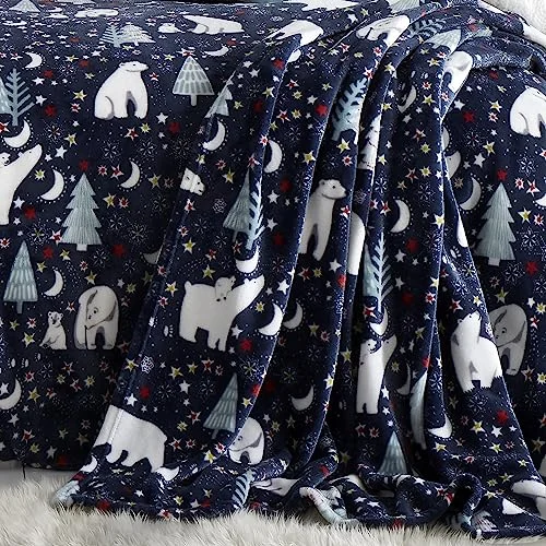 Fusion marinblått julöverkast/filt (120 x 150 cm) vinterfilt i underlandet arktiskt djur isbjörn fleece överkast jul fleecefilt supermjuk och mysig 5056387770826